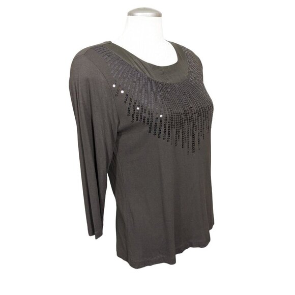 Chicos Size 1 US S 8 Womens Brown Sequin Front T Shirt Long Sleeve Stretch - Picture 5 of 6